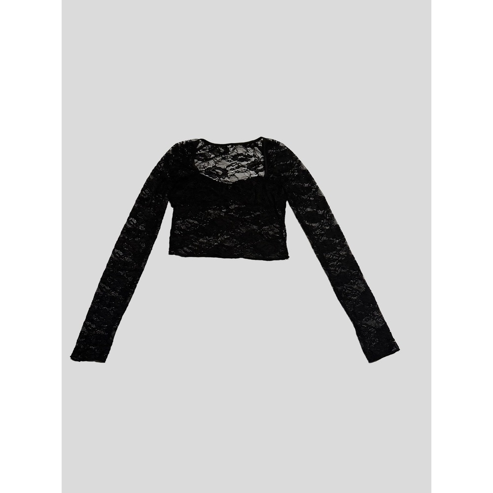 Black Floral Lace Crop Top Long Sleeve Sweetheart Neck Bow Detail Gothic S